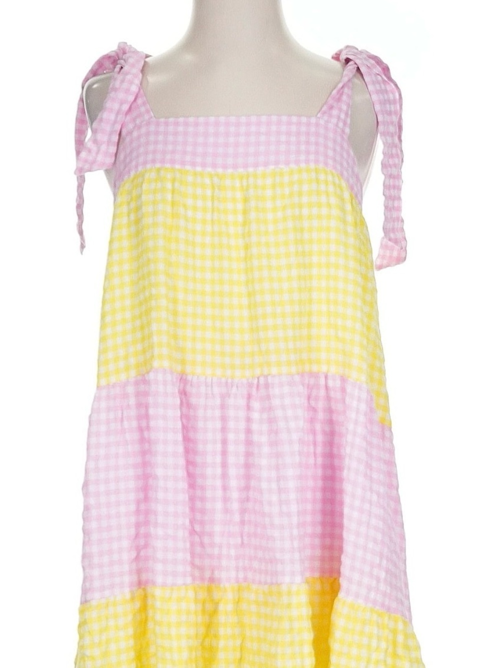 Women’s Asymmetrical Tie-Shoulder Gingham Dress in Pink and Yellow